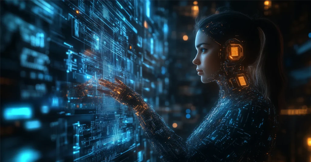 Inteligência Artificial (AI) a interagir com tecnologia digital.