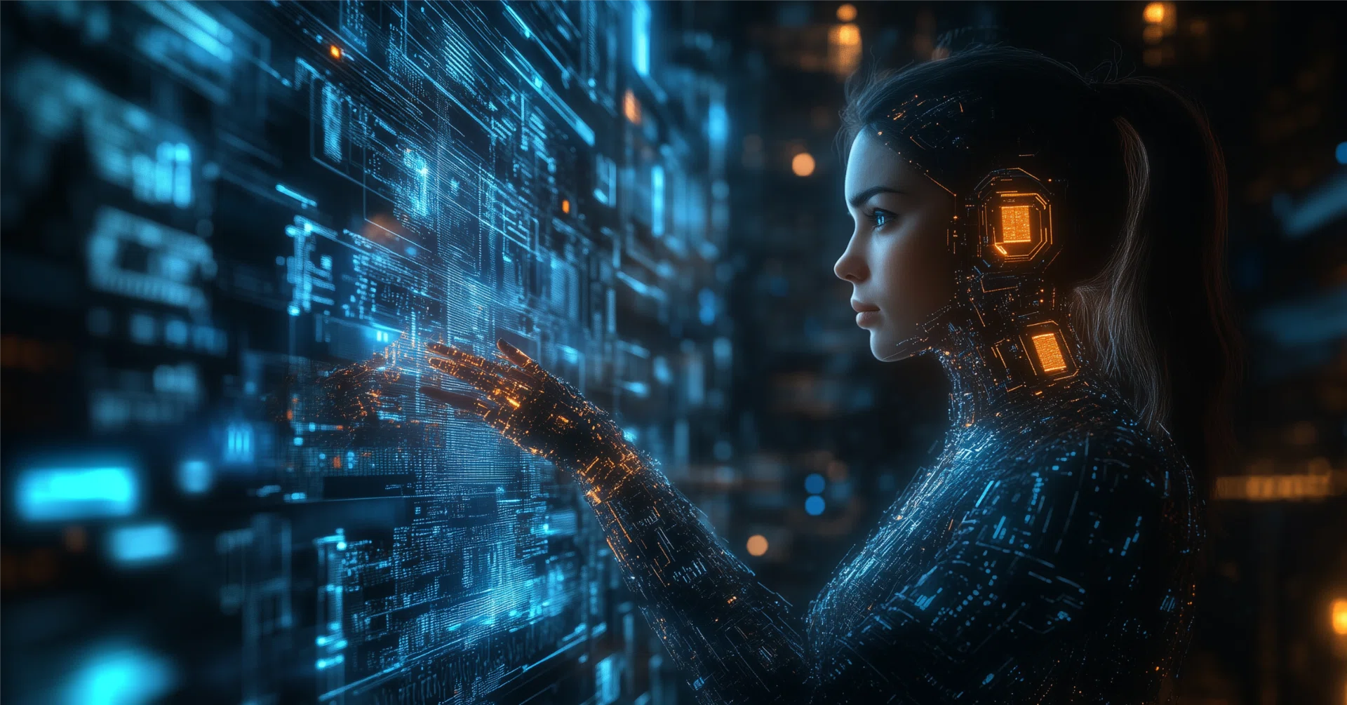 Inteligência Artificial (AI) a interagir com tecnologia digital.
